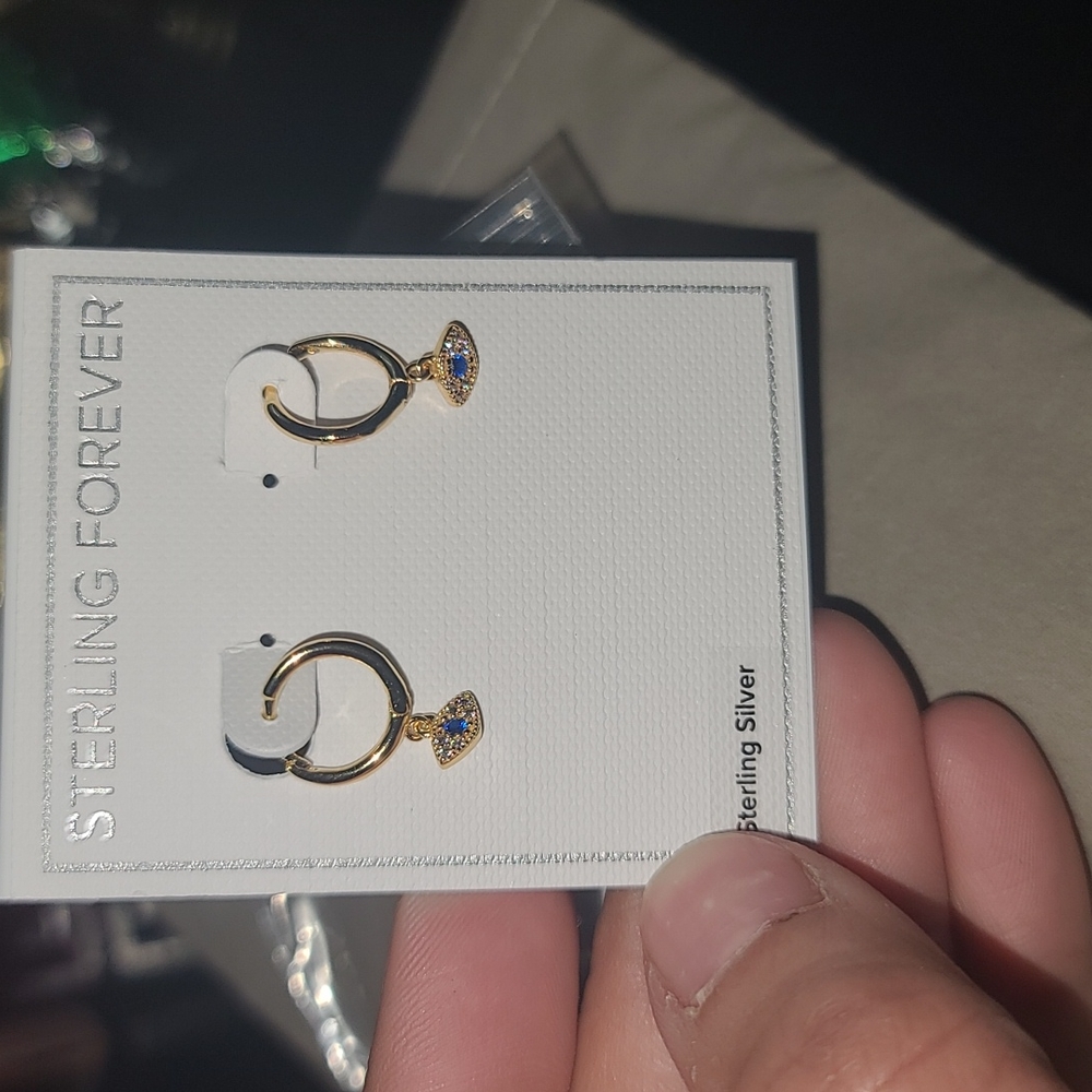 14K Yellow Gold Vermeil Evil Eye Micro Hoop Earrings - Picture 4 of 4